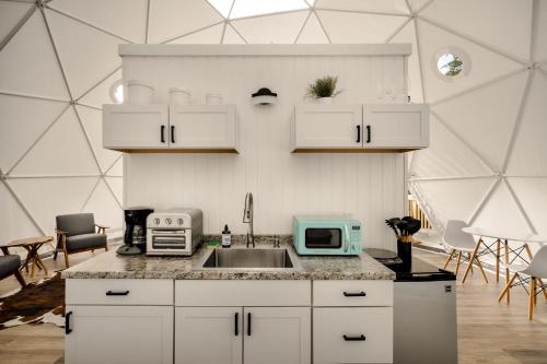 a kitchen with a sink and a microwave at Luxe Dome w Hot Tub, Full Bath & Mountain View in Augusta