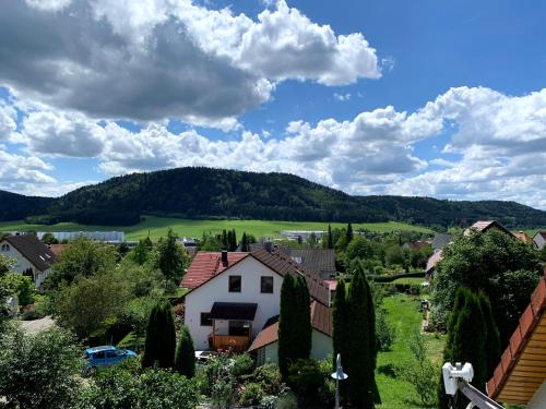 widok na wioskę z zielonym polem i drzewami w obiekcie Ferienwohnung Klara w mieście Meßstetten