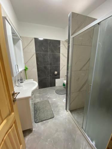 ein Bad mit einer Dusche und einem Waschbecken in der Unterkunft Saray in Sarajevo