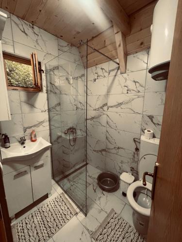 a bathroom with a shower and a toilet at Vikendica VIDIKOVAC na Piramidi Sunca in Visoko
