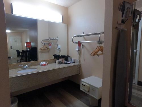 a bathroom with a sink and a large mirror at Econo Lodge Inn & Suites San Antonio near Frost Bank Center in San Antonio