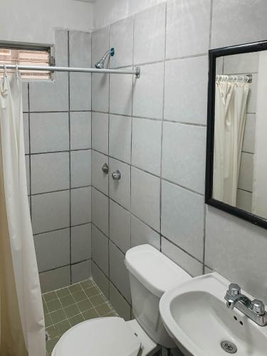 y baño con aseo, lavabo y ducha. en Departamentos 1E en Puerto Vallarta