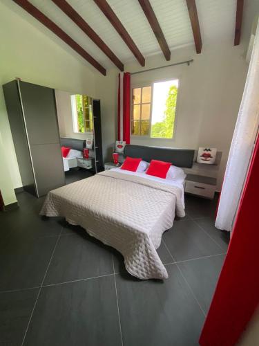 a bedroom with a large bed with red pillows at Villa NKJ'S in Deshaies