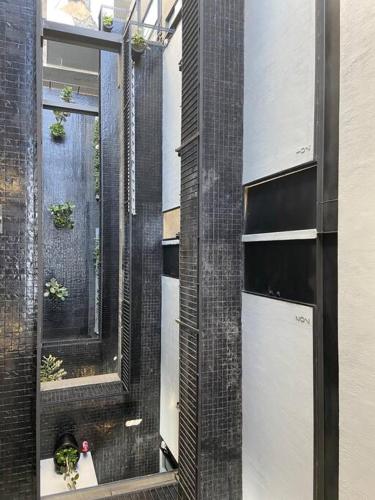 a mirror on the side of a building with plants at Loft Doble Altura Americana Piso 5 @serra in Guadalajara