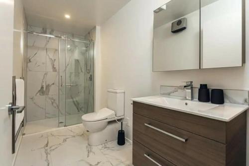 Hagley Park Apartment في كرايستشيرش: حمام مع دش ومرحاض ومغسلة