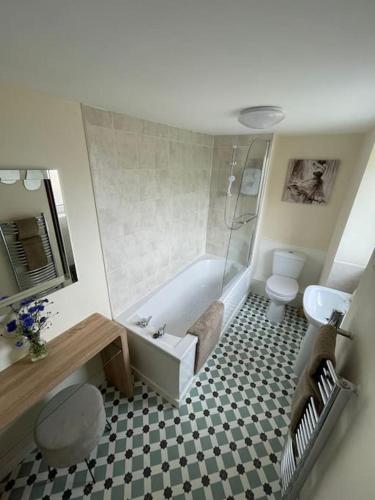 a bathroom with a shower and a sink and a toilet at Honeycomb Cottage in Newburgh