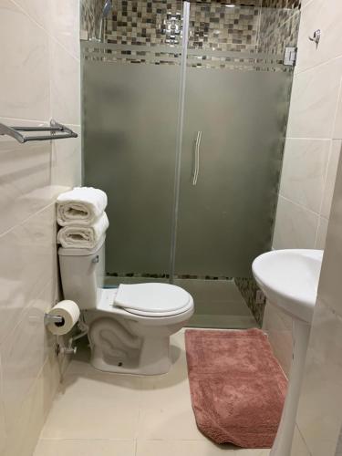 a bathroom with a toilet and a shower and a sink at Plataview Apartahotel 3B in Monte Plata
