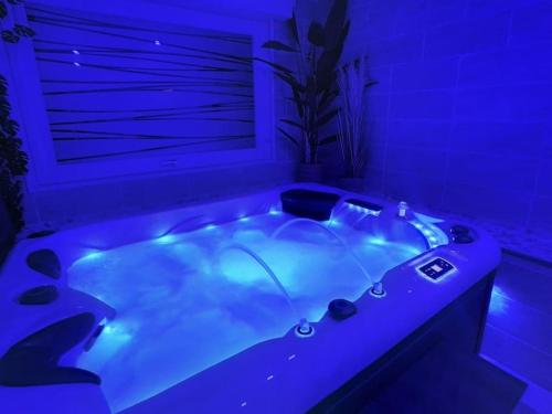 een blauwe kamer met een jacuzzi bij Espace privé - Gîte & Spa 