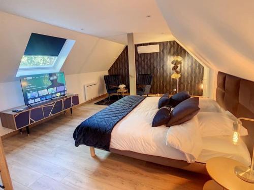 een slaapkamer met een groot bed en een televisie bij Espace privé - Gîte & Spa 
