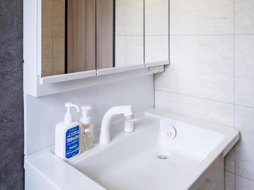 a bathroom sink with a mirror and a bottle of soap at SUIHOUEN in Numazu