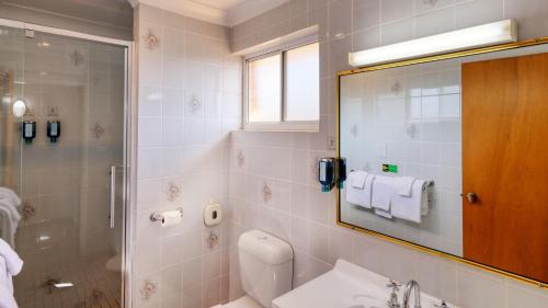 bagno con servizi igienici, lavandino e specchio di Blue Diamond Motor Inn a Dubbo