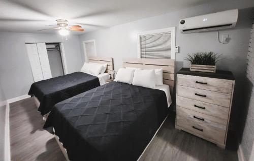 坦帕的住宿－Cozy 3 Bedroom house near Airport/Raymond Stadium/Downtown.，一间卧室配有两张床和梳妆台。