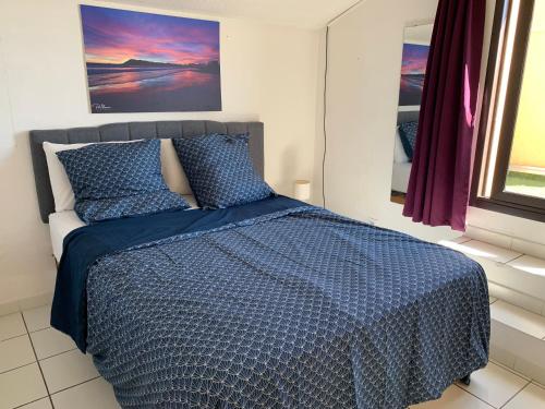 une chambre avec un lit avec une couette bleue et une fenêtre dans l'établissement Les 2 frères - Vue mer panoramique solarium - les Sablettes, à Saint-Mandrier-sur-Mer