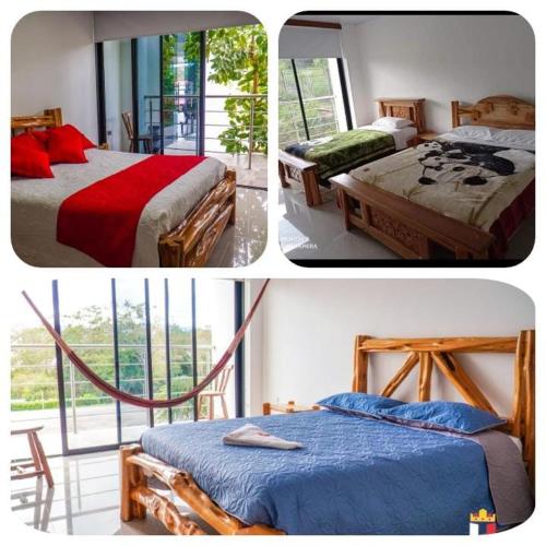 three different pictures of a bedroom with two beds at Hotel la Union in Curití
