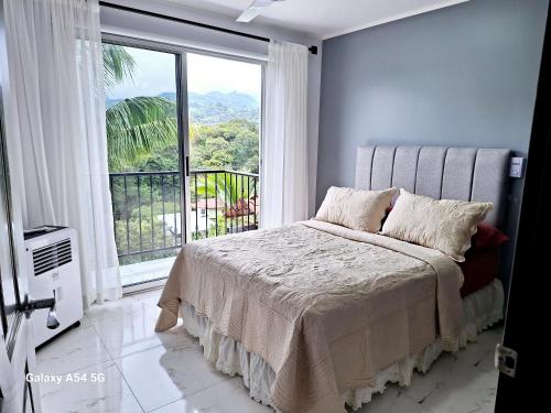 a bedroom with a bed and a large window at Casa Victoria Hostel in San Isidro