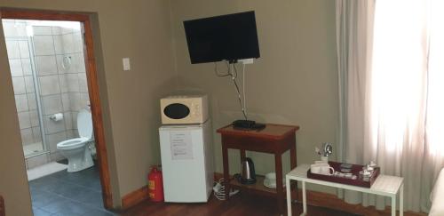 a room with a bathroom with a toilet and a television at Travellers Joy Guest House in Colesberg