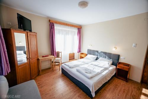 Habitación de hotel con cama y TV en Pensiunea Viktoria, en Băile Tuşnad