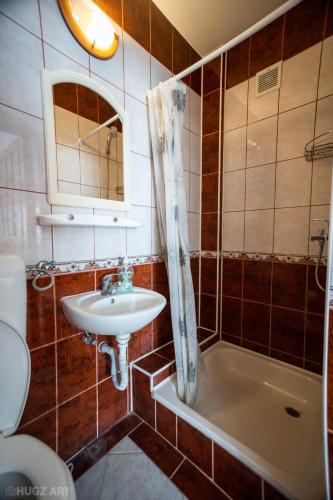 a bathroom with a sink and a bath tub at Pensiunea Viktoria in Băile Tuşnad