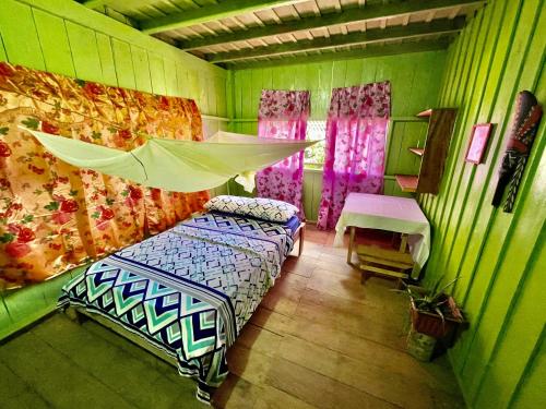 a green room with two beds and a window at Maloca Barü in Macedonia