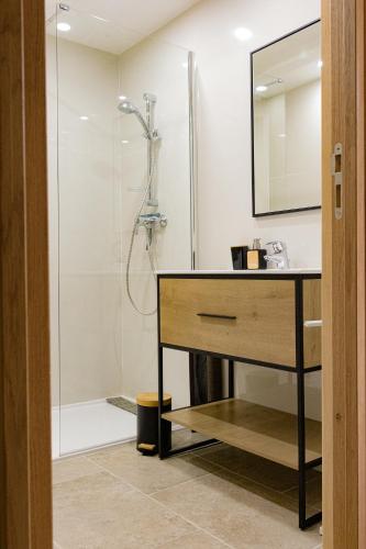 une salle de bain avec un lavabo et une douche dans l'établissement La petite châtaigne, à Valdeblore