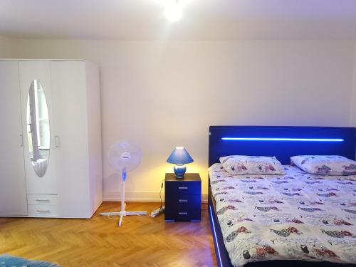 um quarto com uma cama, um candeeiro e uma ventoinha em Charming flat center and near the lake em Genebra