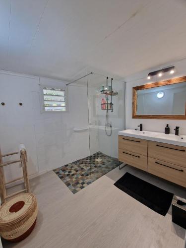 ein Bad mit einer Glasdusche und einem Waschbecken in der Unterkunft Caz' Mamie in Gôl