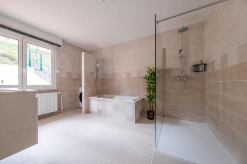 a bathroom with a shower and a bath tub at Gîte Villa La Chèvrerie centre in Épinal