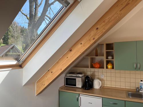 a kitchen with a window above a counter with a microwave at Rodinné apartmány Rafael Bedřichov in Bedřichov