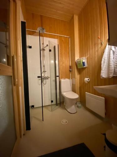 a bathroom with a shower and a toilet and a sink at Two bedroom duplex with peaceful views in Jyväskylä