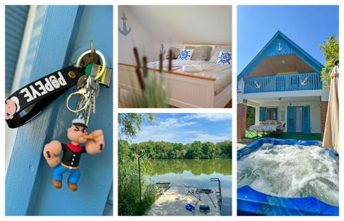 a collage of four pictures of a house at Villa Popeye Jakuzzis nyaralóház in Békésszentandrás