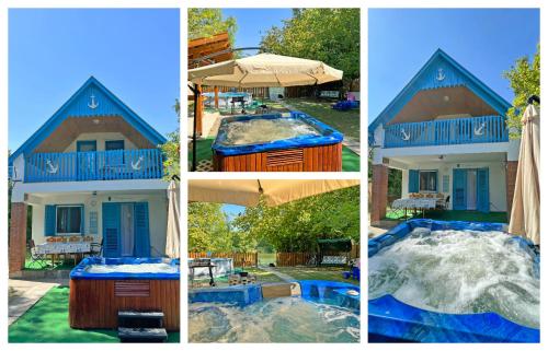 four pictures of a house and a swimming pool at Villa Popeye Jakuzzis nyaralóház in Békésszentandrás