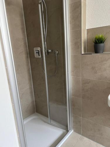 a shower with a glass door in a bathroom at New Age Boardinghaus Bad Wimpfen in Bad Wimpfen