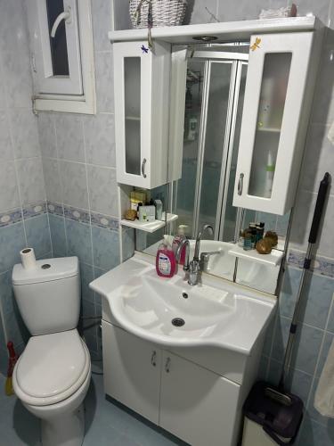 uma casa de banho com um WC branco e um lavatório. em USA EMBASSY for VISA em Istambul