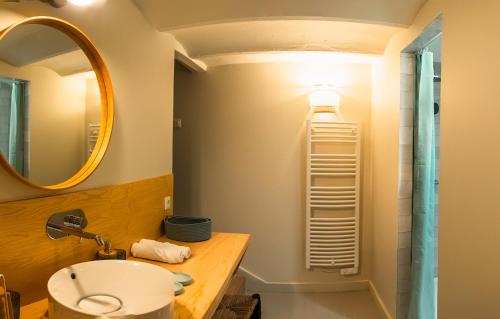 une salle de bain avec un lavabo et un miroir dans l'établissement Tanesse - Souplex 1 chambre, élégant et calme, à Bordeaux