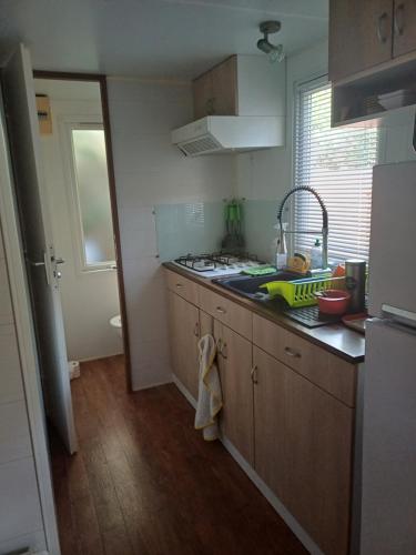 a kitchen with a sink and a stove top oven at Mobil-home proche St Trop in Gassin