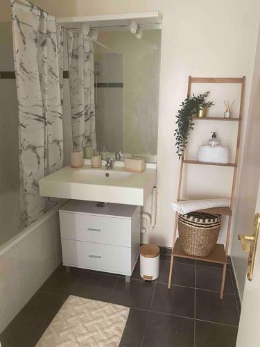 une salle de bain avec un lavabo et un miroir dans l'établissement Le Petit Paradis Parisien, à Montmagny