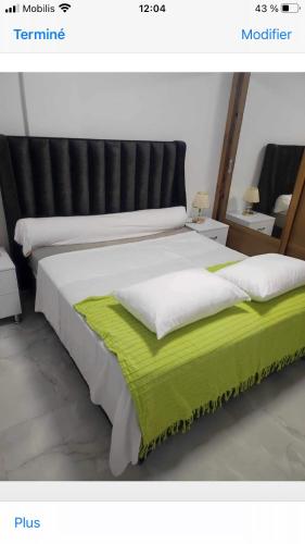 a bedroom with a large bed with a green blanket at Résidence Le Figuier Marako, Tizi-Gheniff in Tizi Gheniff