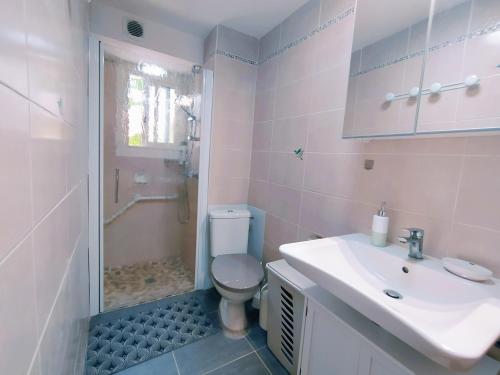 ein Bad mit einem WC, einem Waschbecken und einer Dusche in der Unterkunft Le Pouy, Jardin, Terrasse & Stationnement in Saint-Vincent-de-Paul