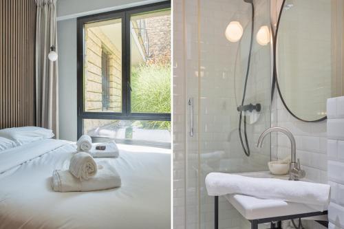 ein Bad mit einem Bett, einer Dusche und einem Waschbecken in der Unterkunft Studio in Neuilly Porte Maillot by Studio prestige in Neuilly-sur-Seine