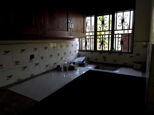 a kitchen with a sink and a window at Olive Palm Suites Jinja in Jinja