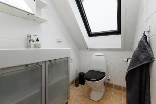 La salle de bains est pourvue de toilettes, d'un lavabo et d'une fenêtre. dans l'établissement Come Stay in Penthouse With Room For 2-People, à Aarhus
