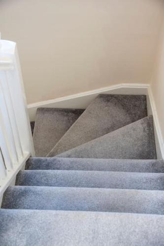 a set of stairs with blue carpeting in a room at Charming Entire 2-Bedroom House in Milton Keynes in Milton Keynes