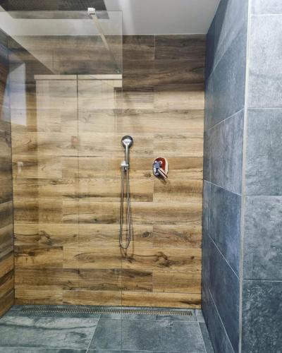 a shower in a bathroom with a wooden wall at Penzion Stříbrník in Krásná