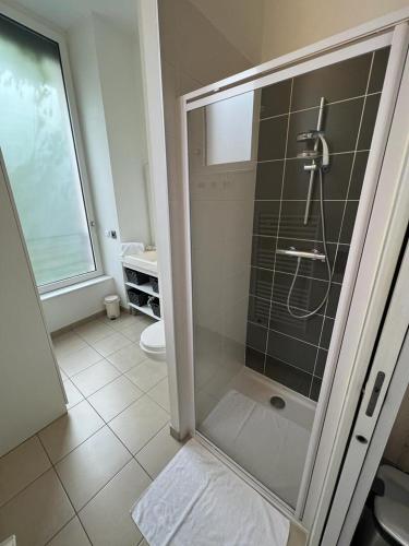 une salle de bain avec une douche avec une porte vitrée dans l'établissement Le Lumineux - Le chic en hypercentre - Bellecour, à Lyon