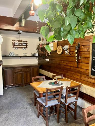 a kitchen and dining room with a table and chairs at Penzion Tereza in Janov nad Nisou