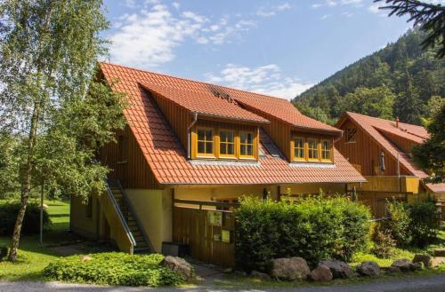 a house with an orange roof and some trees at Ferienwohnung Ferienhäuser am Brocken, 60 qm 2 Schlafzimmer in Ilsenburg