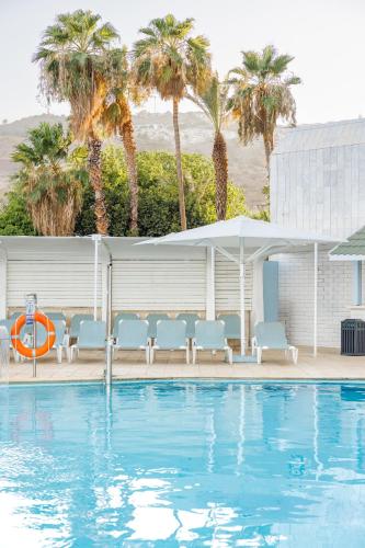 a swimming pool with blue chairs and palm trees at Caesar Premier Tiberias Hotel in Tiberias
