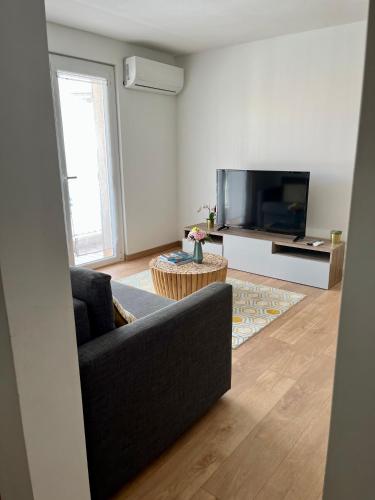 un salon avec un canapé et une télévision à écran plat dans l'établissement Perle rare à 250m de la plage ! Climatisé avec Parking, balcon & WiFi, à Sainte-Maxime