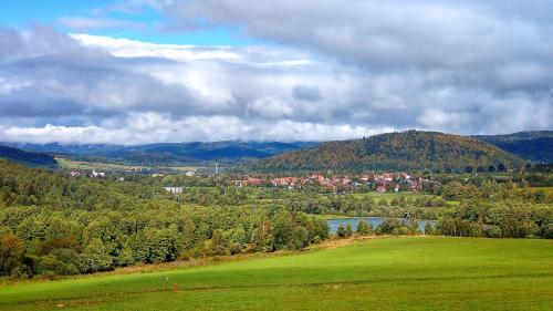 a green field with a town in the middle of a mountain at Rezydencja Ostoja in Stronie Śląskie
