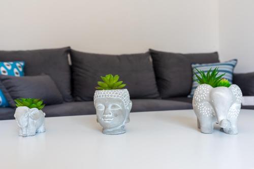 three vases with plants on a table in front of a couch at PROPAN CITY SUITES in Volos